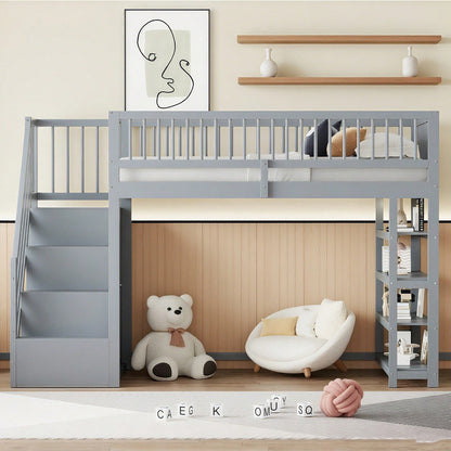 Hochbett 90x200 cm mit Kleiderschrank & Regalen – Sicherheitshochzaun, großer Stauraum & Kletterleiter – Massivholz, weiß, Multifunktions-Kinderbett