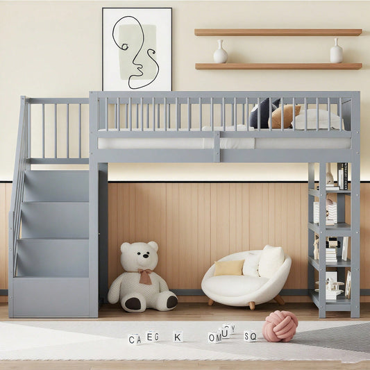 Hochbett 90x200 cm mit Kleiderschrank & Regalen – Sicherheitshochzaun, großer Stauraum & Kletterleiter – Massivholz, weiß, Multifunktions-Kinderbett