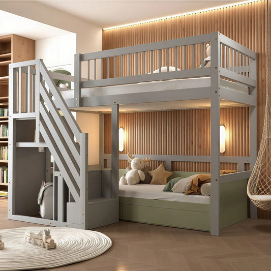 Massivholzbett 90x200 cm - Hochbett mit Treppe & integriertem Stauraum - Kinderbett/Jugendbett in Grau, stabile hohe Ausführung