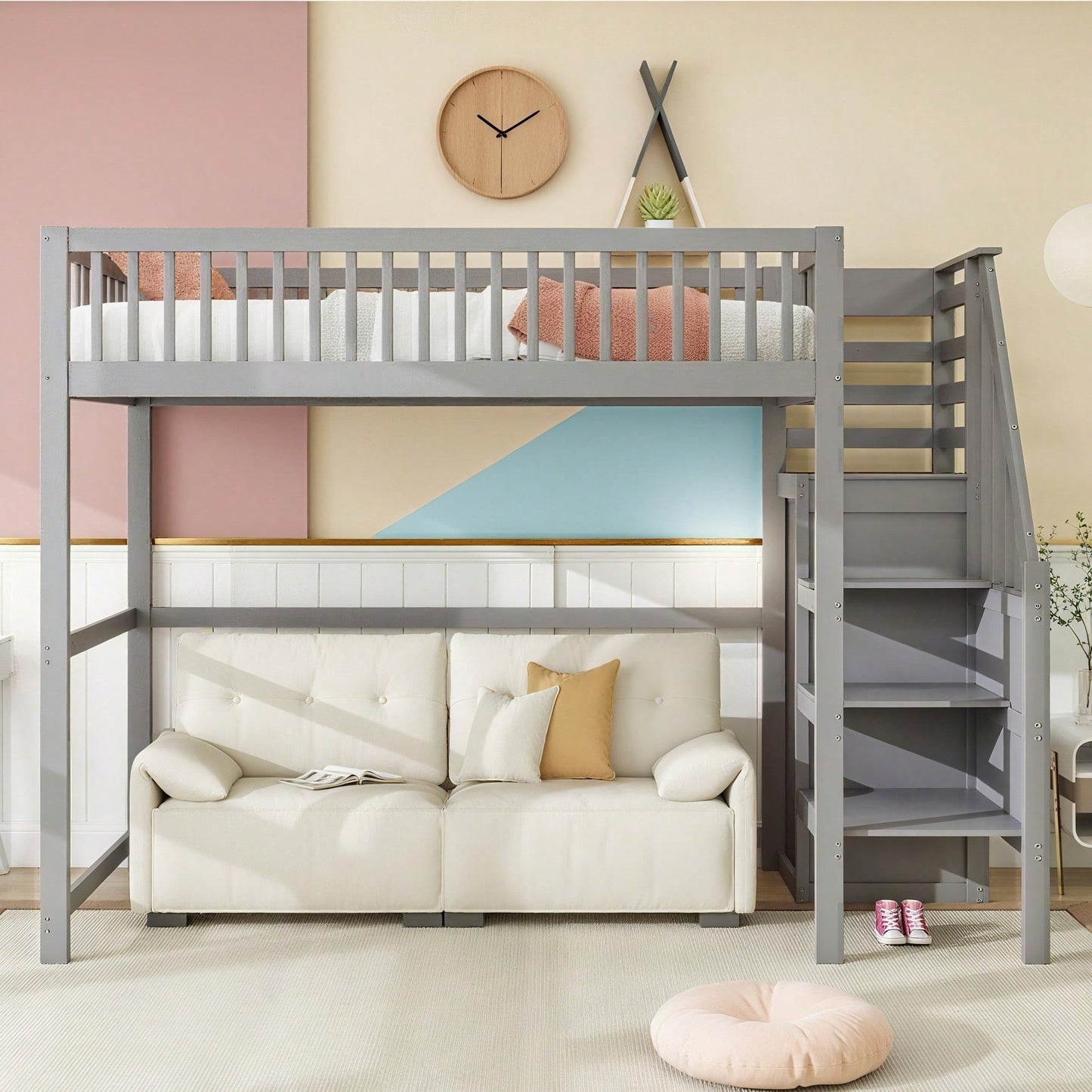 Weißes Kinder-Hochbett 90x200 mit Treppe & Aufbewahrungsregal – inkl. Kleiderschrank