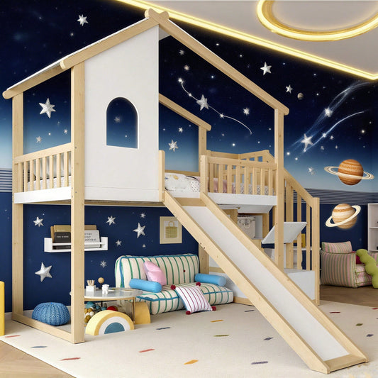 Hochbett 90x200 cm mit Rutsche, Bettgitter & Stauraumleiter – Spielbett mit Fenster & Hausleiste in Natur/Weiß – Ideal für Kinderzimmer