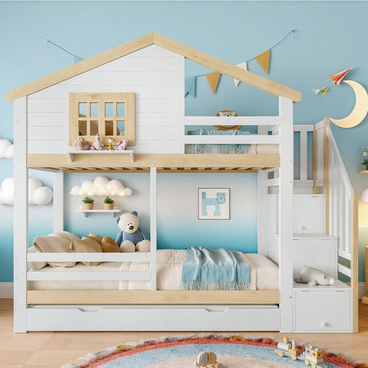 Etagenbett 90x200 cm mit ausziehbarem 2. Bett & Stauraumleiter – Sicher mit Bettgittern & Hausleiste – Weiß/Natur Design inkl. Fenster-Details