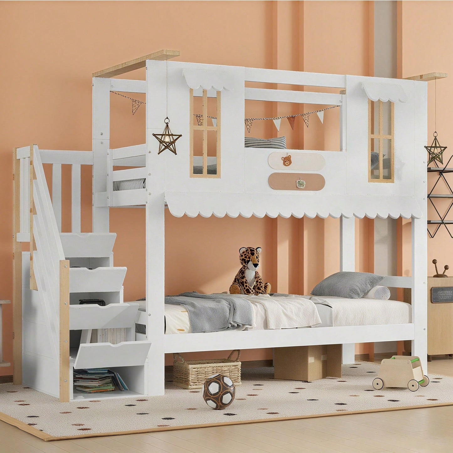 Etagenbett Kinderbett 90*200 cm mit Aufbewahrungstreppe & Dekofilzen – Exklusives Design mit Fenstern & welliger Dachkante – Weiß/Natur (Kiefer/MDF/Sperrholz) – Inkl. Aufhängedeko
