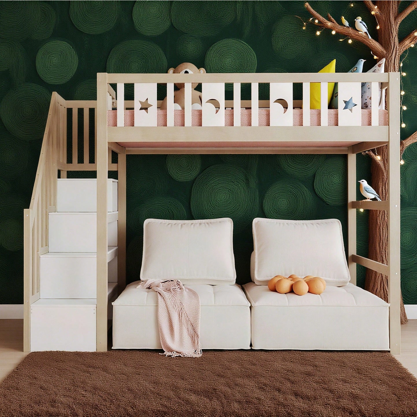 Kinderhochbett 90x200 cm mit Stauraum & Kletterleiter – Massivholz-Einzelbett mit Sicherheitsgeländer, Stern-Mond-Deko – Naturholzfarbe, langlebig & kindersicher