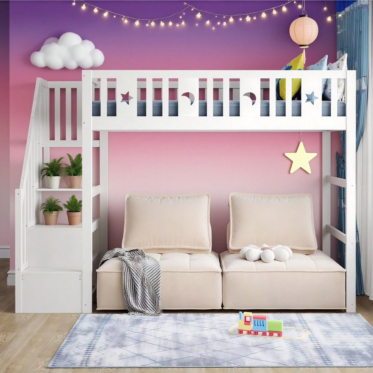 Kinderhochbett 90x200 cm mit Stauraum & Kletterleiter – Massivholz-Einzelbett mit Sicherheitsgeländer, Stern-Mond-Deko – Naturholzfarbe, langlebig & kindersicher