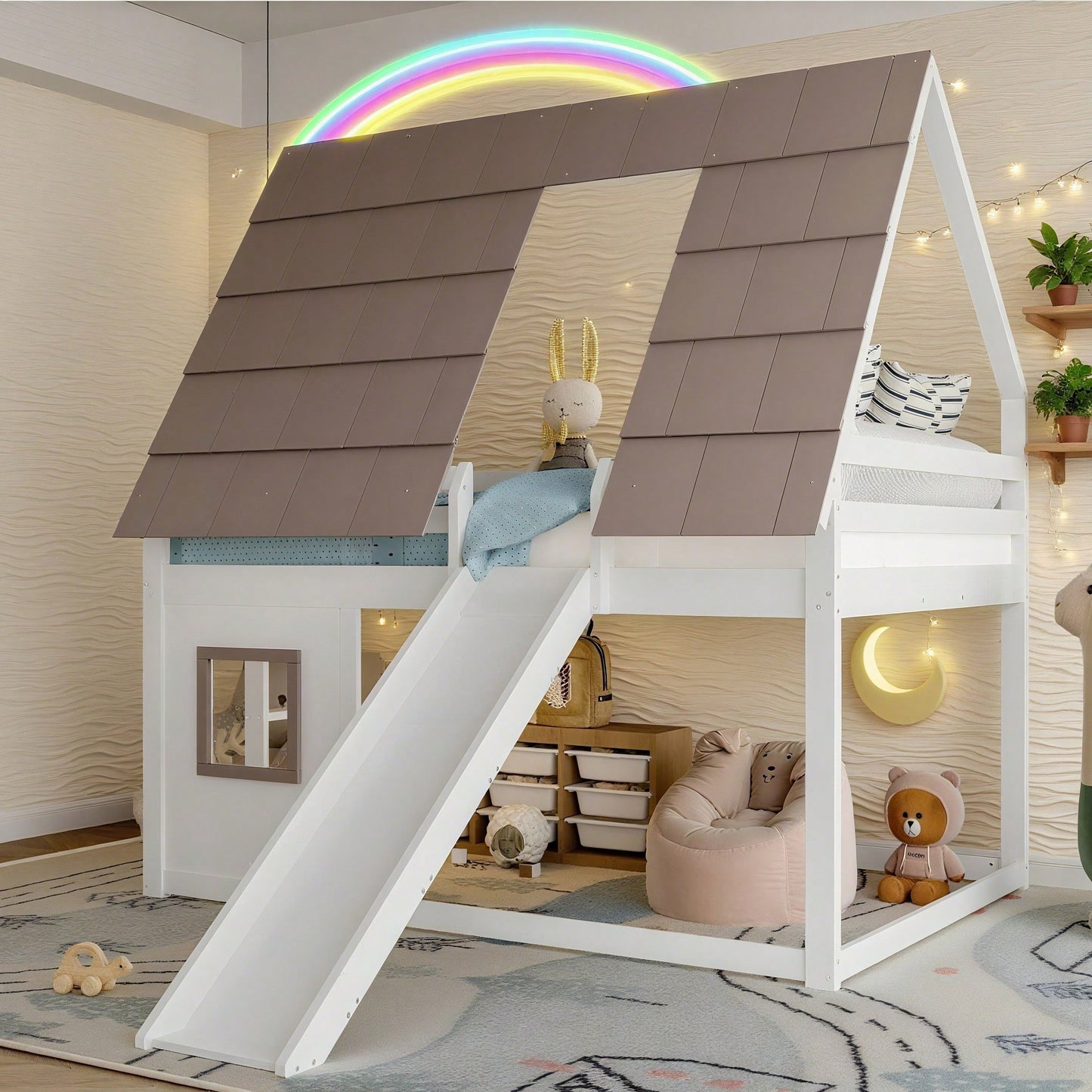 140x200cm Holzhaus-Etagenbett mit Dach – Rutsche & Leiter in Weiß/Braun | Spielbett mit Stauraum & Dachgiebel