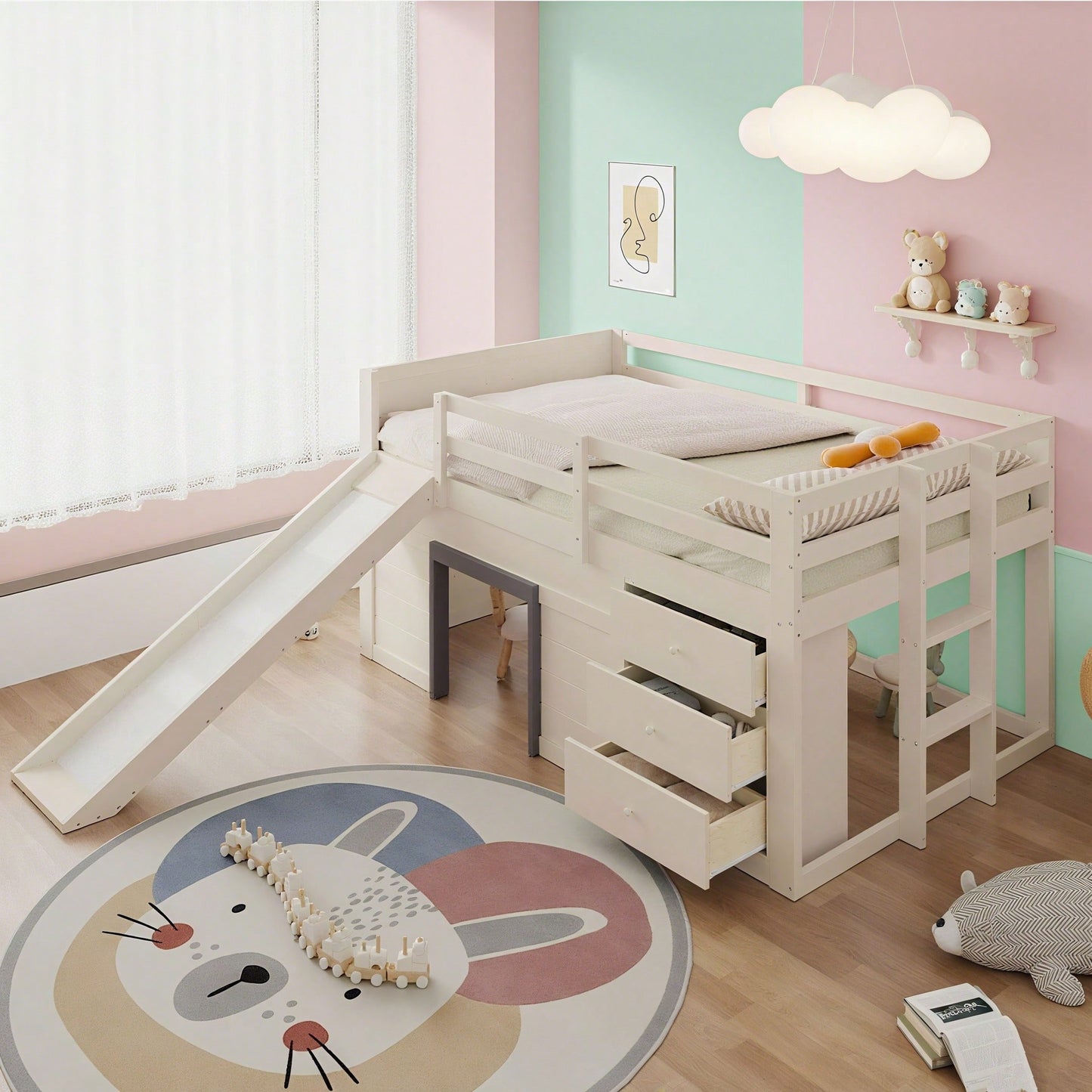 140x200cm Niedriges Hochbett mit Rutsche – 3 Schubladen & 2 Türen in Creme | Platzsparendes Kinderbett mit Spiel- und Stauraum
