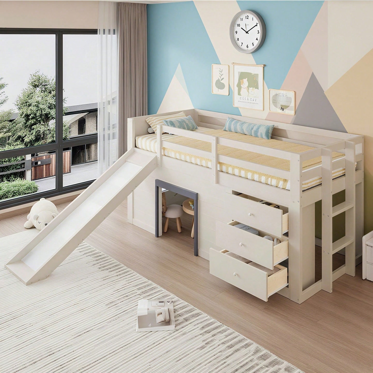 90x200cm Niedriges Hochbett mit Rutsche - 3 Schubladen & 2 Türen in Creme | Platzsparendes Kinderbett mit Stauraum