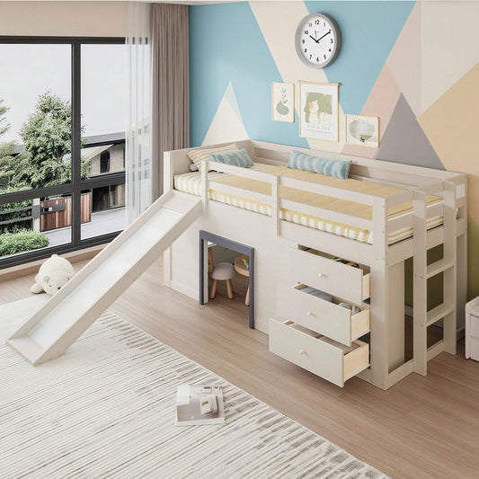 90x200cm Niedriges Hochbett mit Rutsche - 3 Schubladen & 2 Türen in Creme | Platzsparendes Kinderbett mit Stauraum