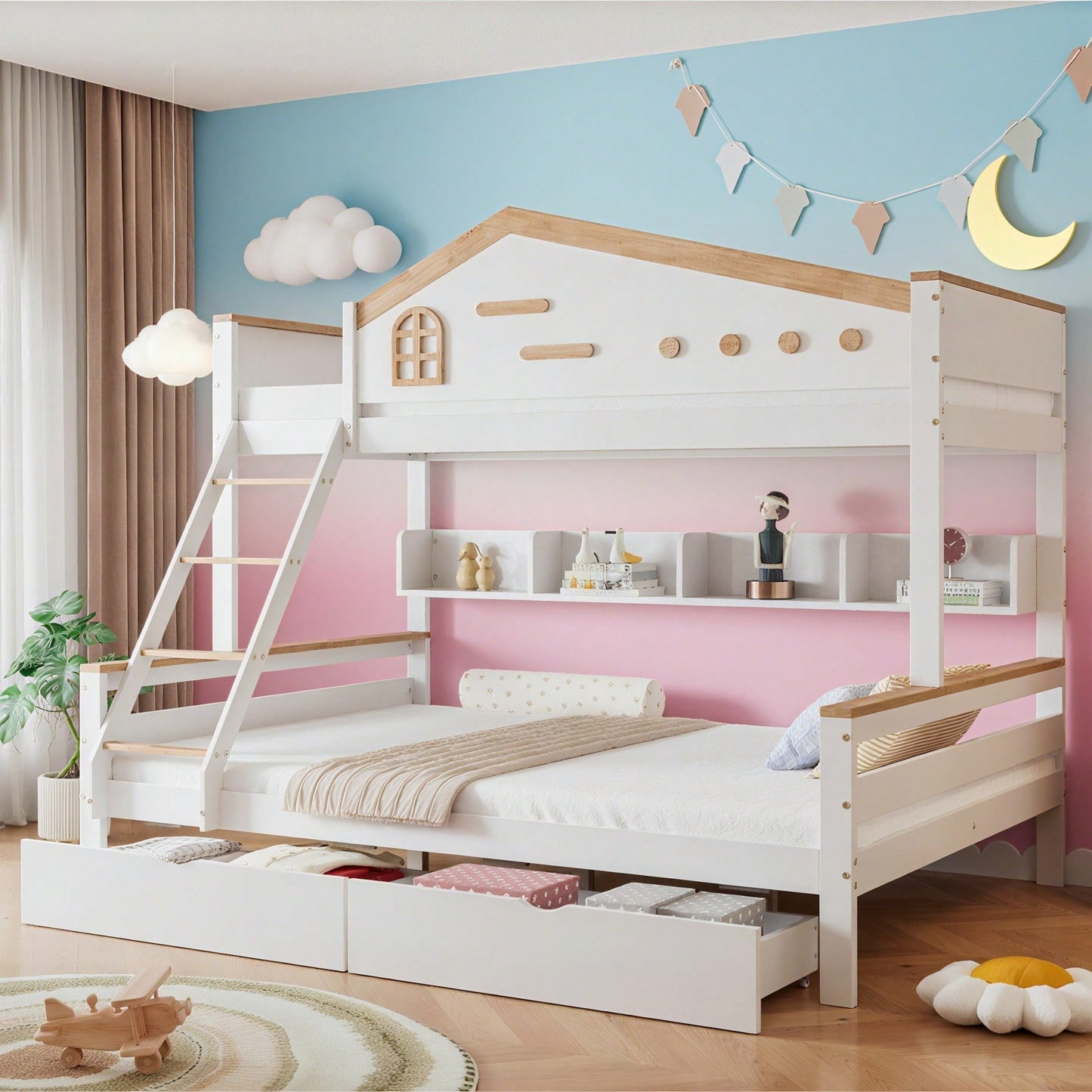 Weißes Etagenbett mit Natur-Akzenten – Sicherheitsgitter, 4-Stufen-Schrägleiter & Schubladen (Kiefer/MDF, 90x200+140x200 cm) – Kinderbett mit Fenster & offenem Regal