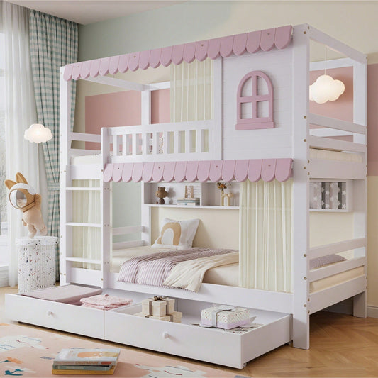 Rosa-Weißes Etagenbett mit Vorhängen – Sicherheitsgitter, 2 Rollschubladen & offenem Regal (Kiefer/MDF, 90x200 cm) – Spielbett mit Fenstern & Extra-Stauraum