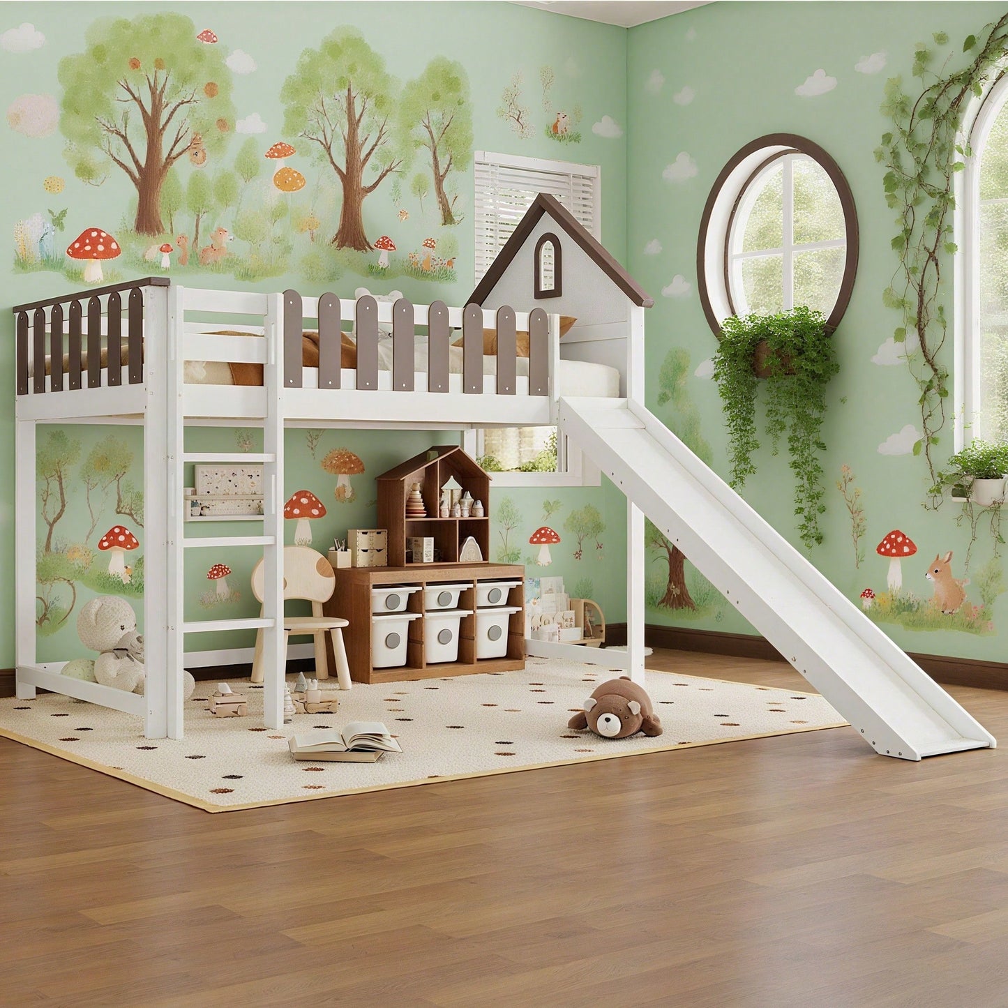 Weißes Hochbett mit Walnuss-Dach & Rutsche – Kinder- & Jugendbett mit Fenster, 3-stufiger Leiter & Spielbereich (Kiefer/MDF, 90x200 cm)