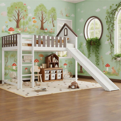 Weißes Hochbett mit Walnuss-Dach & Rutsche – Kinder- & Jugendbett mit Fenster, 3-stufiger Leiter & Spielbereich (Kiefer/MDF, 90x200 cm)