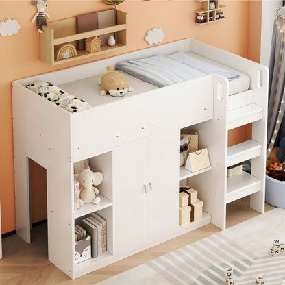 Hochbett 90x200 cm mit Stauraum & Schrank – Multifunktionales Kinderbett mit Regalen, Sicherheitsleiter & stabiler Konstruktion – Weiß