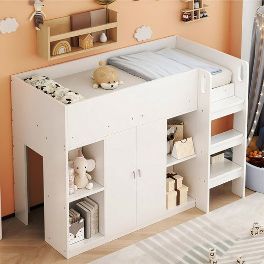 Hochbett 90x200 cm mit Stauraum & Schrank – Multifunktionales Kinderbett mit Regalen, Sicherheitsleiter & stabiler Konstruktion – Weiß