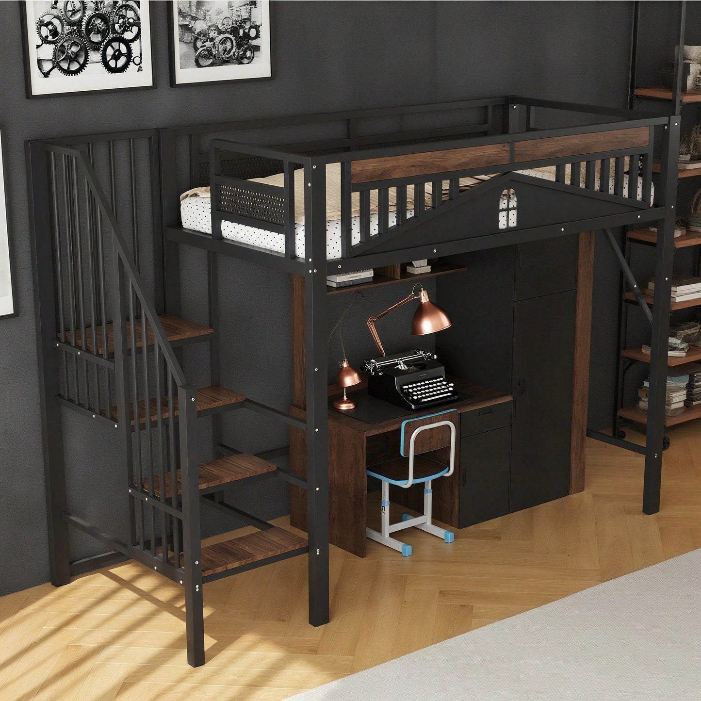 Weißes Metall-Hochbett 90x200 cm - Mit Sicherheitsumrandung, Fenster & stabiler Leiter, großzügiger Stauraum unter dem Bett