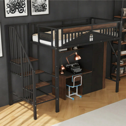 Weißes Metall-Hochbett 90x200 cm - Mit Sicherheitsumrandung, Fenster & stabiler Leiter, großzügiger Stauraum unter dem Bett