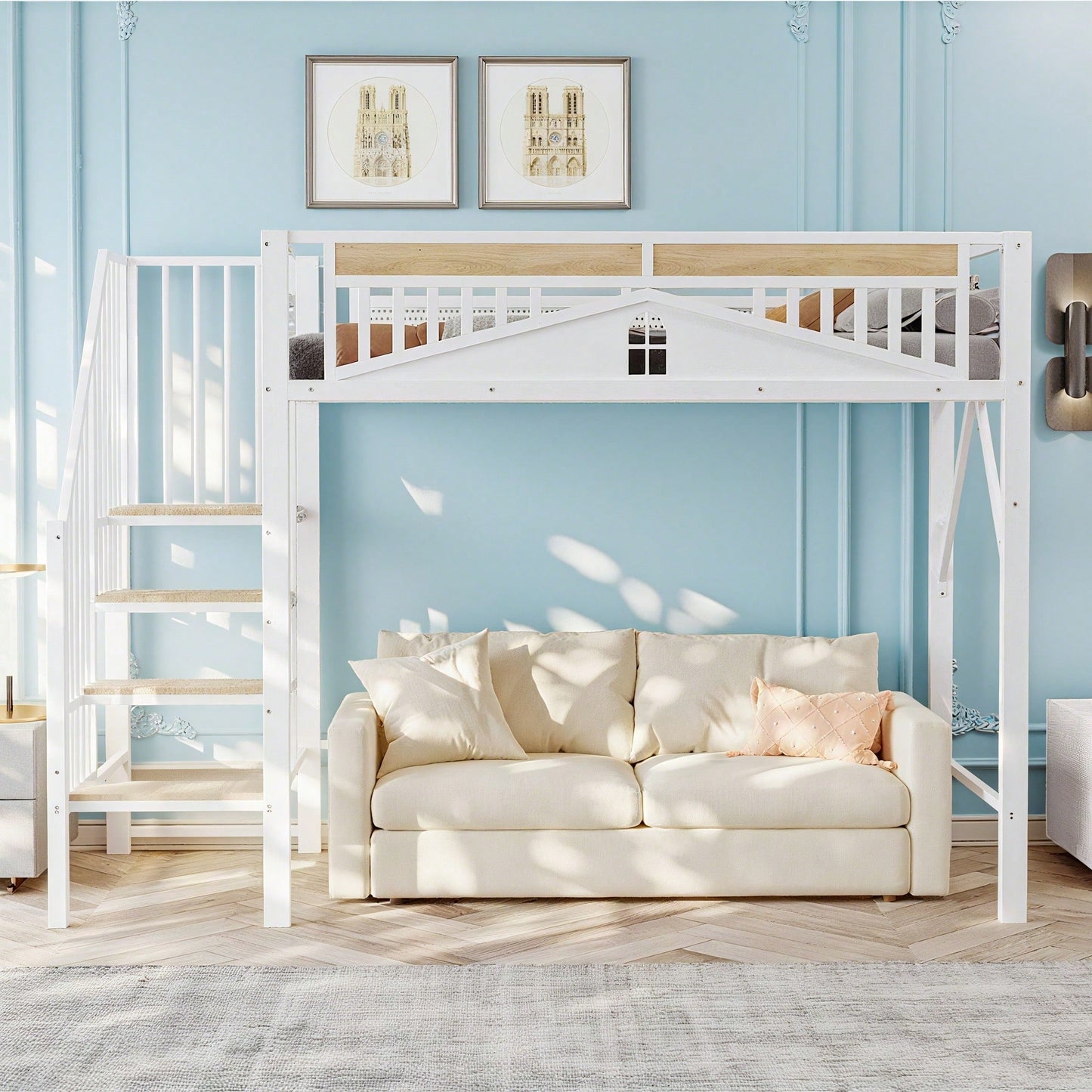 Weißes Metall-Hochbett 90x200 cm - Mit Sicherheitsumrandung, Fenster & stabiler Leiter, großzügiger Stauraum unter dem Bett