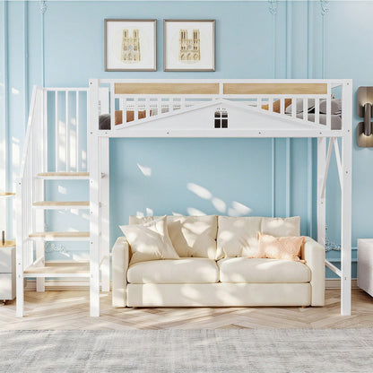 Weißes Metall-Hochbett 90x200 cm - Mit Sicherheitsumrandung, Fenster & stabiler Leiter, großzügiger Stauraum unter dem Bett