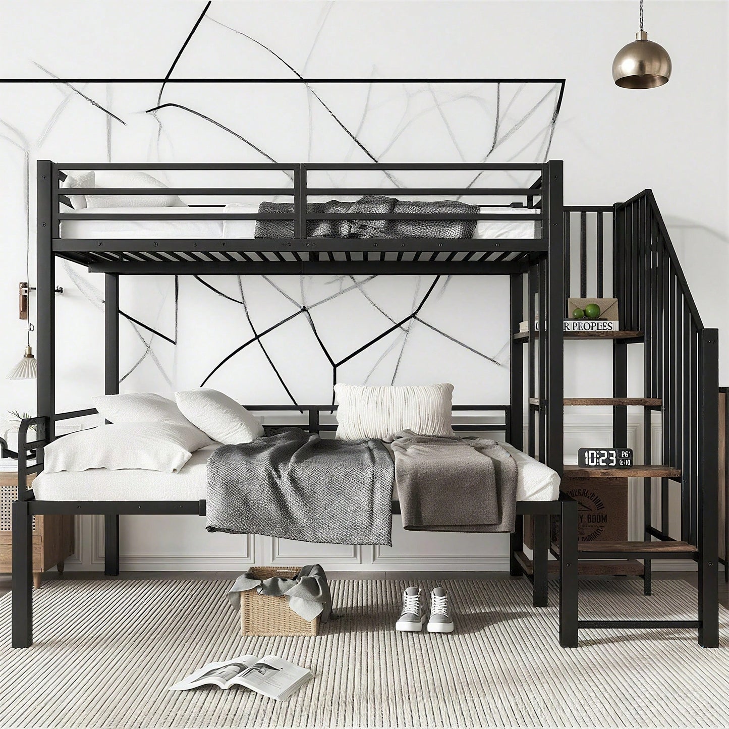 Schwarzes Etagenbett mit Vintage-Holzoptik - Metall+MDF, Eckleiterschrank & Stauraum - 90x200cm & 120x200cm