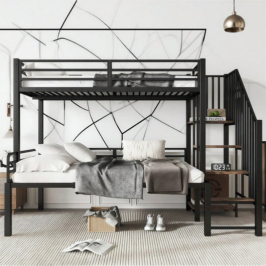 Schwarzes Etagenbett mit Vintage-Holzoptik - Metall+MDF, Eckleiterschrank & Stauraum - 90x200cm & 120x200cm