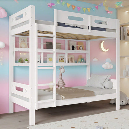 Weißes Etagenbett aus Kiefer & MDF - Mit Fallschutzgitter, 5-stufiger Leiter & großem Stauraum - 90x200 cm