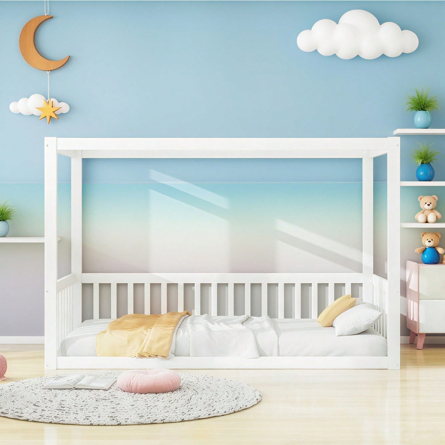 Kinder-Standbett 90 x 200 cm, Himmelbett Massivholz Bettgestell für Kinder Jugendliche Weiß