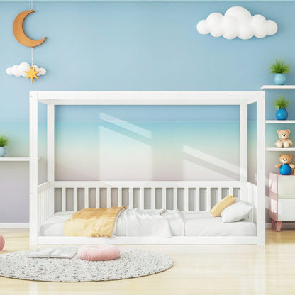 Kinder-Standbett 90 x 200 cm, Himmelbett Massivholz Bettgestell für Kinder Jugendliche Weiß