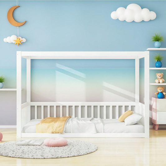 Kinder-Standbett 90 x 200 cm, Himmelbett Massivholz Bettgestell für Kinder Jugendliche Weiß