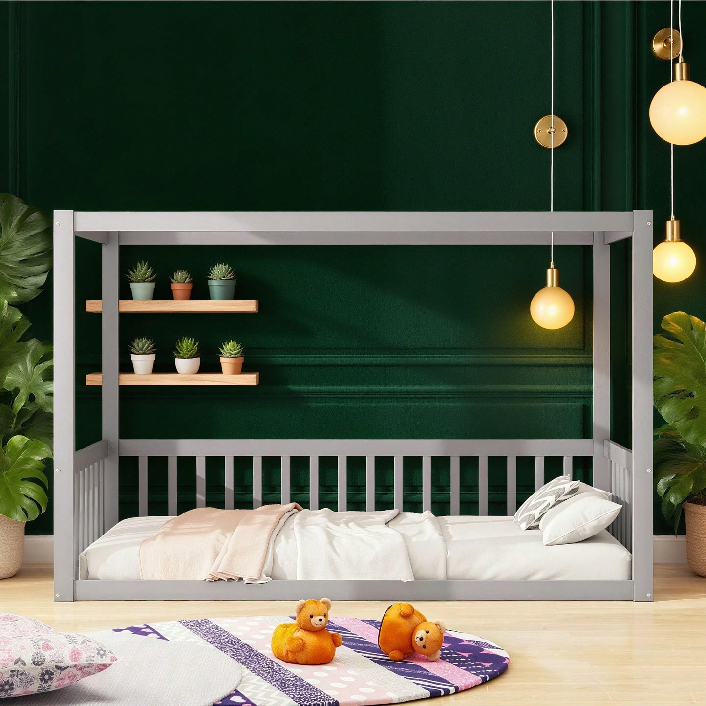 Kinder-Standbett 90 x 200 cm, Himmelbett Massivholz Bettgestell für Kinder Jugendliche Weiß