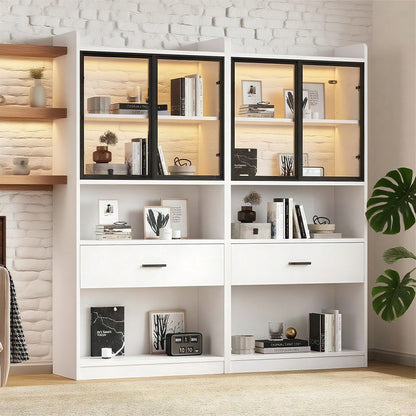 Curio Vitrine mit Licht, Aufbewahrungsregale mit Pop-up Glastüren, 1 große Schubladen & 16 Farben Licht, Sammlerstücke Schrank Display Regal, Bücherregal Vitrine für Wohnzimmer, weiß, schwarzer Fenste
