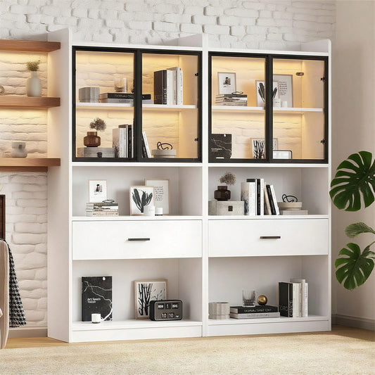 Curio Vitrine mit Licht, Aufbewahrungsregale mit Pop-up Glastüren, 1 große Schubladen & 16 Farben Licht, Sammlerstücke Schrank Display Regal, Bücherregal Vitrine für Wohnzimmer, weiß, schwarzer Fenste
