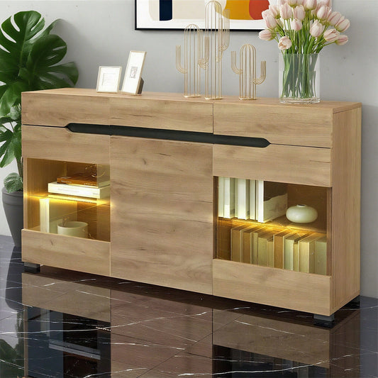 LED Sideboard Schrank Modern Wohnzimmer Anrichte Möbel 3 Türen 3 Schubladen Moderne Kommode mit viel Stauraum für Ihren Wohnbereich
