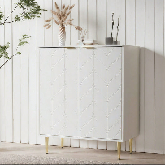 Sideboard mit 2 Türen,Kommode,Flurschrank,für Wohnzimmer,Bad-und Schlafzimmer, vergoldete Füße und Griff, florales Muster, lackiert,stoßsicheres Eckdesign, 3 Einlegeböden, 6 Fächer, 75B*40T*90H,weiß