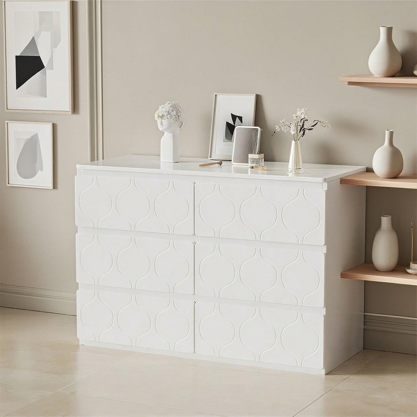 Kommode mit 6 Schubladen, Flurschrank, für Wohnzimmer, Bad und Schlafzimmer, Wellenmuster, lackiert, stoßfestes Eckdesign, 6 Fächer, 110 B x 40 T x 72 H, weiß