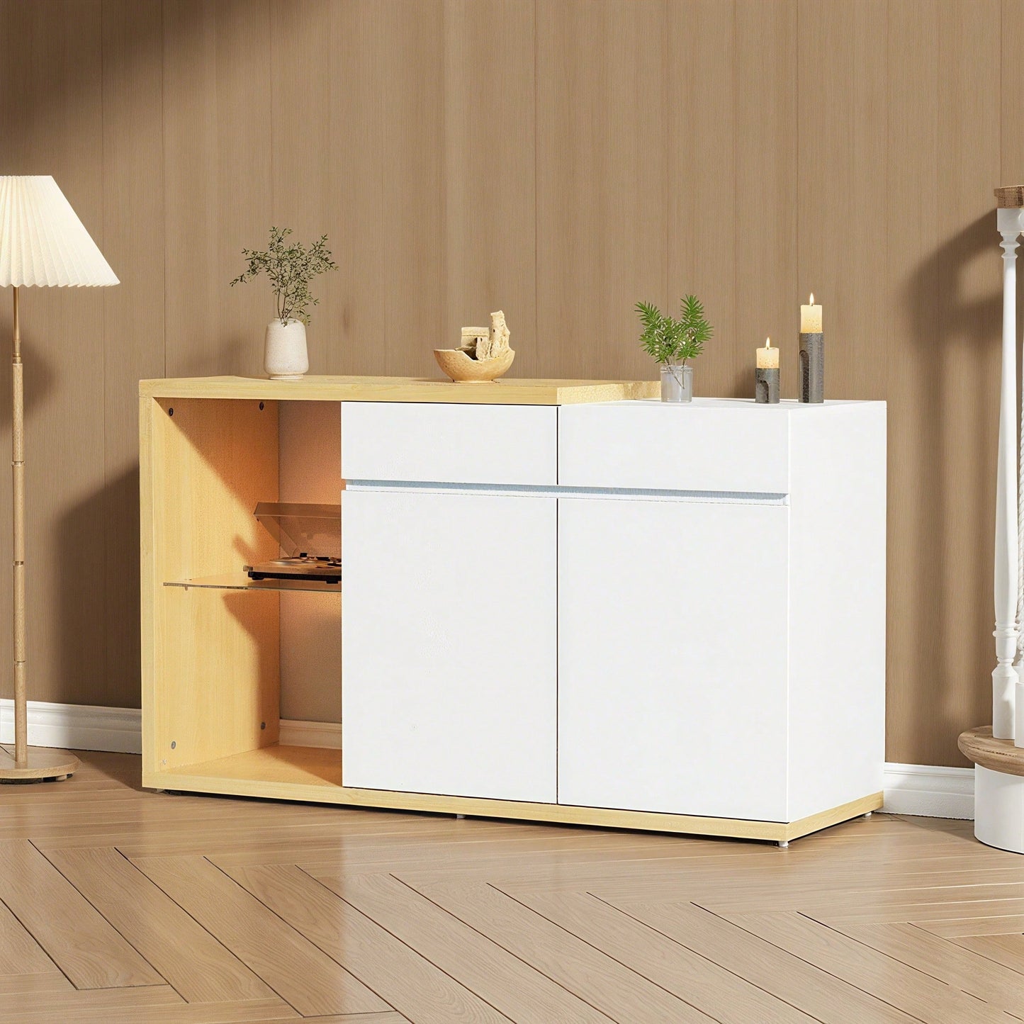 LED Sideboard Breite 120 cm, Multifunktionales Sideboard,Kommode 2 Türen, 2 Schubkästen, Anrichte mit LED-Beleuchtung