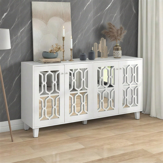 Weiß verspiegelte Anrichte mit kühlen Kristallgriffen, Vier Türen, mit beweglichem Laminat.für Wohn- und Esszimmer, 160 x 40 x 84cm