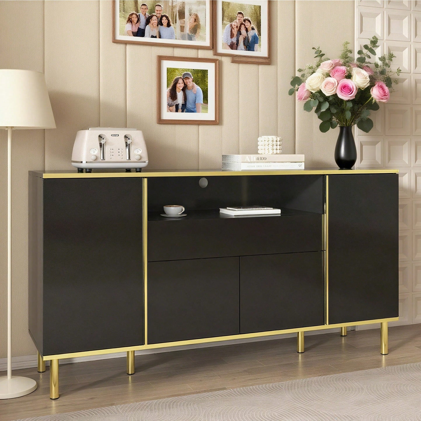Sideboard, hochglänzende schwarze Kommode mit 1 Schublade, Kommode, Schlafzimmerkommode, hochglänzendes schwarzes Sideboard – B150/T40/H80cm