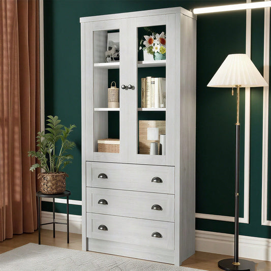 Moderner Highboard Schrank 80x34x171 cm – Holzoptik mit Glastüren, 3 Schubladen & Kupfergriffen – Stilvoller Stauraum für Wohnzimmer, Büro & Flur
