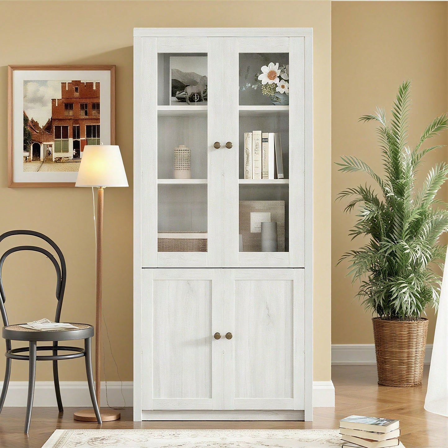 Moderner Hochschrank 80x34x171 cm – Holzoptik mit Glastüren, 2 Holztüren und Kupfergriffen – Stilvoller Stauraum für Wohnzimmer, Büro und Flur