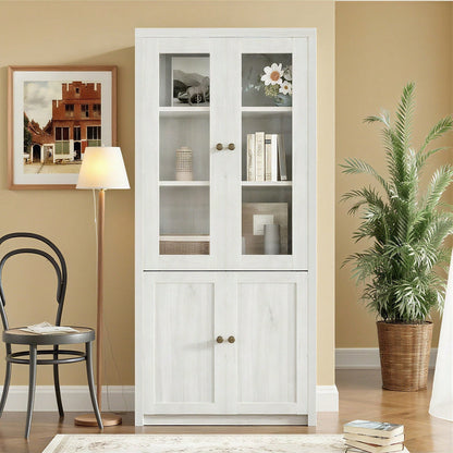 Moderner Hochschrank 80x34x171 cm – Holzoptik mit Glastüren, 2 Holztüren und Kupfergriffen – Stilvoller Stauraum für Wohnzimmer, Büro und Flur