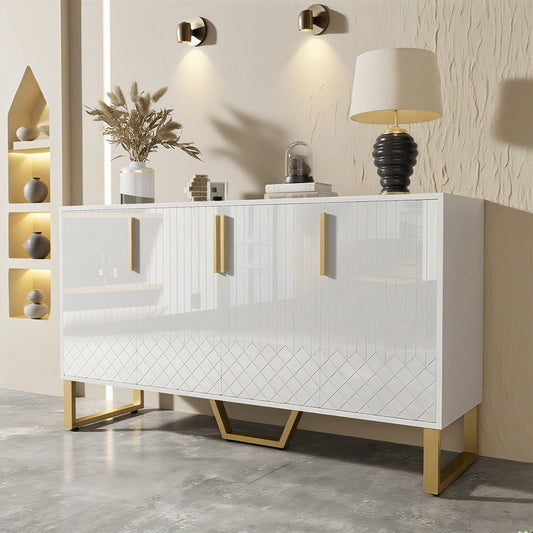 Hochglanz-Sideboard, 4 Türen, Metallgriffe und -beine, geometrisches Design in Weiß, 140L*40B*80H