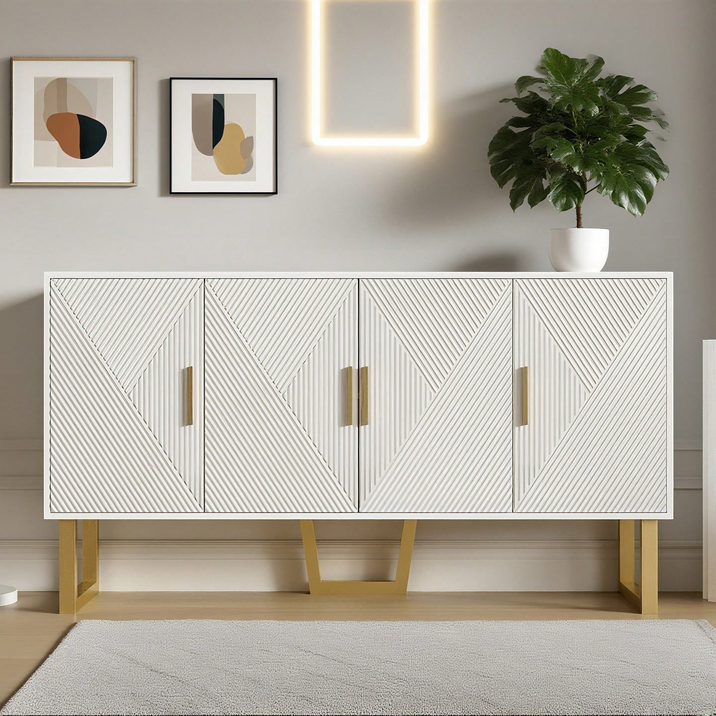 150cm moderner, luxuriöser weißer Sideboard mit hochglänzenden strukturierten Türen und goldenen Griffen, 4-Türen-Design, höhenverstellbare Regale
