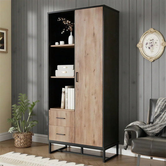 Moderner Highboard Schrank 80x40x180 cm – Holzoptik mit schwarzem Rahmen, mit Tür, 2 Schubladen & 3 offenen Fächern – Vielseitiger Stauraum für Wohnzimmer, Büro & Flur