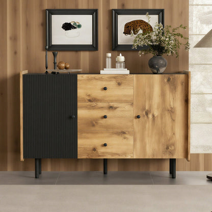 120 cm Schwarzer und Holzfarbener Sideboard - Moderner Stil, Zwei Türen und Drei Schubladen