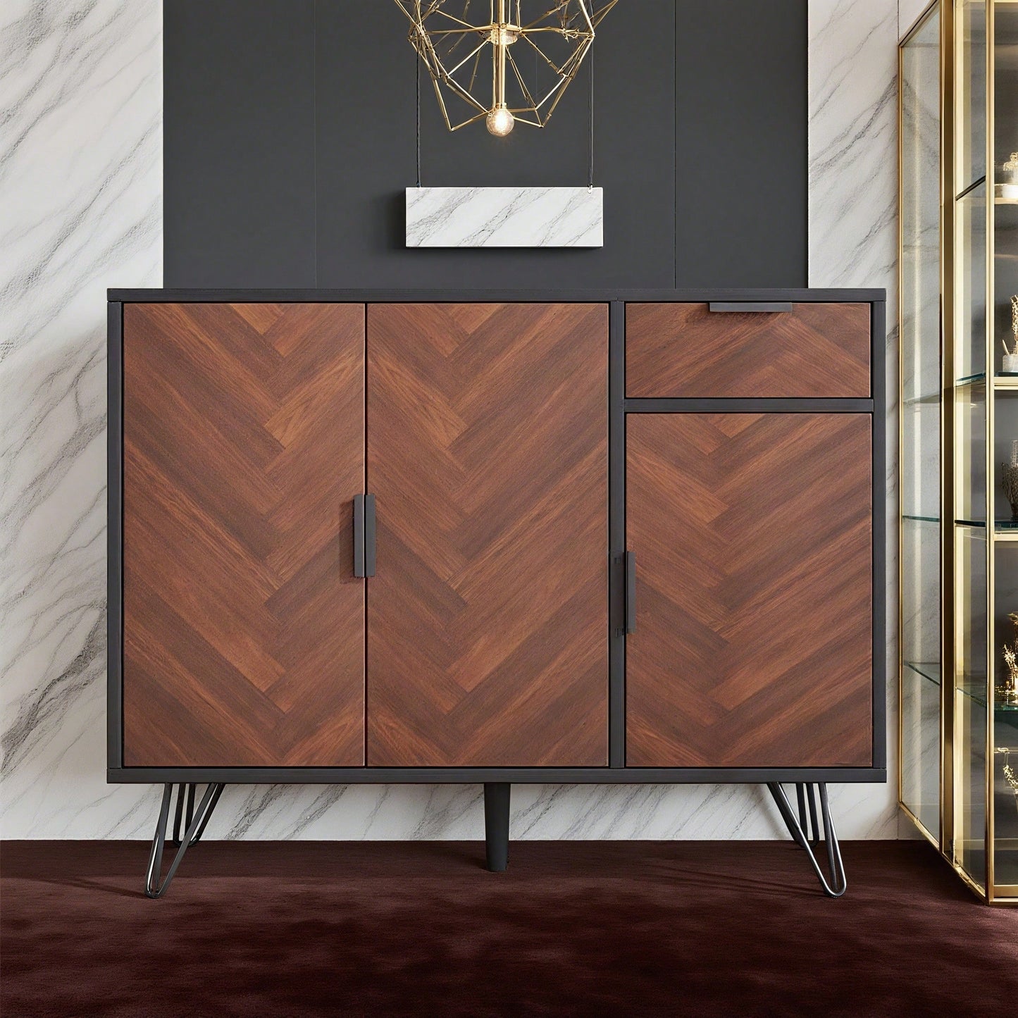 Moderner Aufbewahrungsschrank, Sideboard in Schwarz und Holzoptik mit Schublade und höhenverstellbaren Einlegeböden (90 x 30 x 71,5 cm)