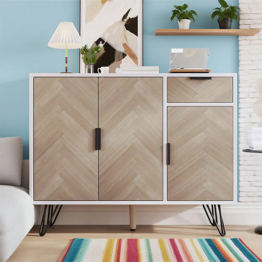 Moderner Aufbewahrungsschrank, Sideboard in Schwarz und Holzoptik mit Schublade und höhenverstellbaren Einlegeböden (90 x 30 x 71,5 cm)
