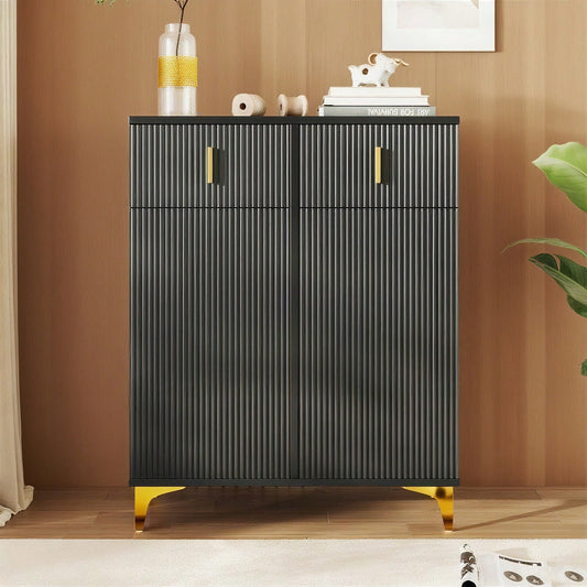 Eleganter Sideboard/Schuhschrank mit Strukturpaneelen, verstellbaren Einlegeböden und vergoldeten Verzierungen, mit Schubladen
