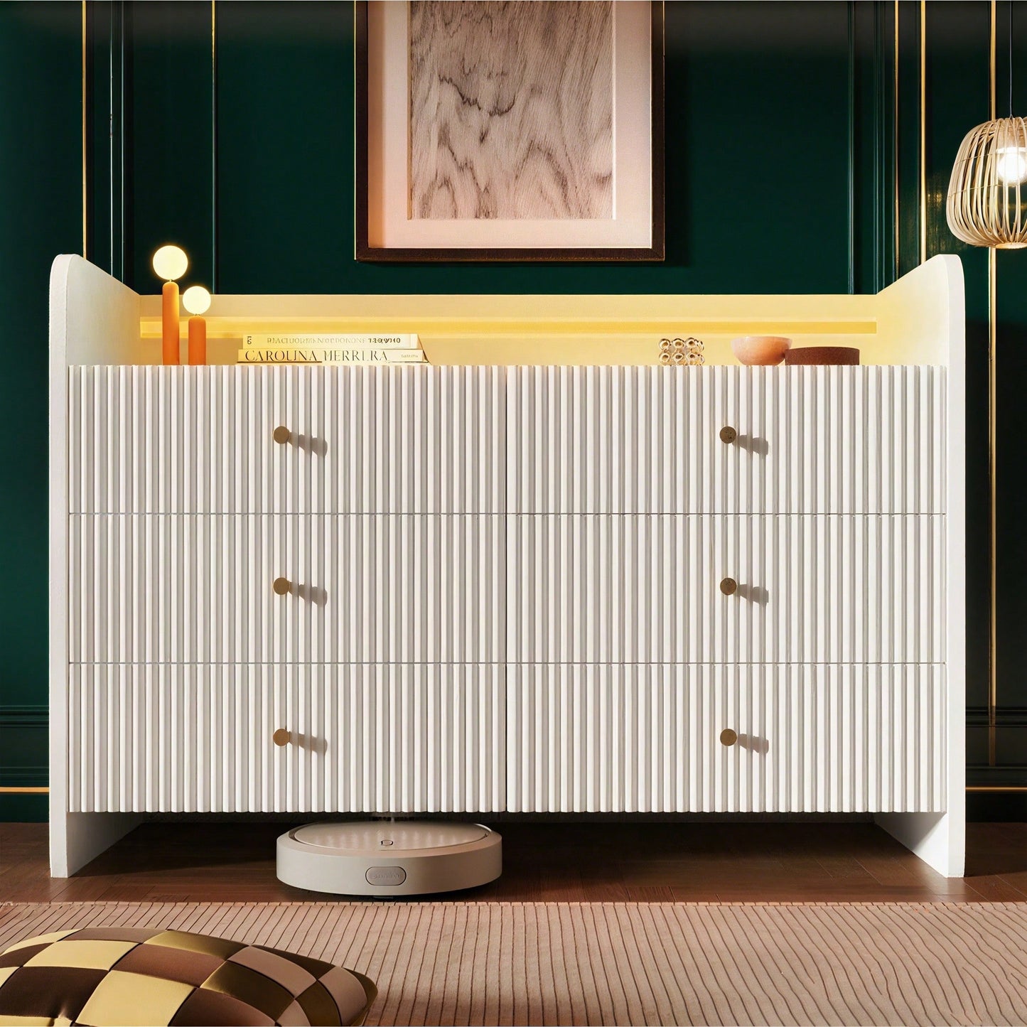 Sideboard, Kommode mit LED-Beleuchtung und 6 Schubladen, Wellenförmiges Rillendesign, Moderner Schrank für Wohnzimmer und Schlafzimmer, 120x40x75cm, Weiß