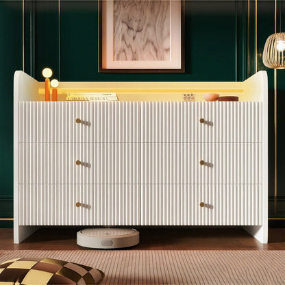 Sideboard, Kommode mit LED-Beleuchtung und 6 Schubladen, Wellenförmiges Rillendesign, Moderner Schrank für Wohnzimmer und Schlafzimmer, 120x40x75cm, Weiß